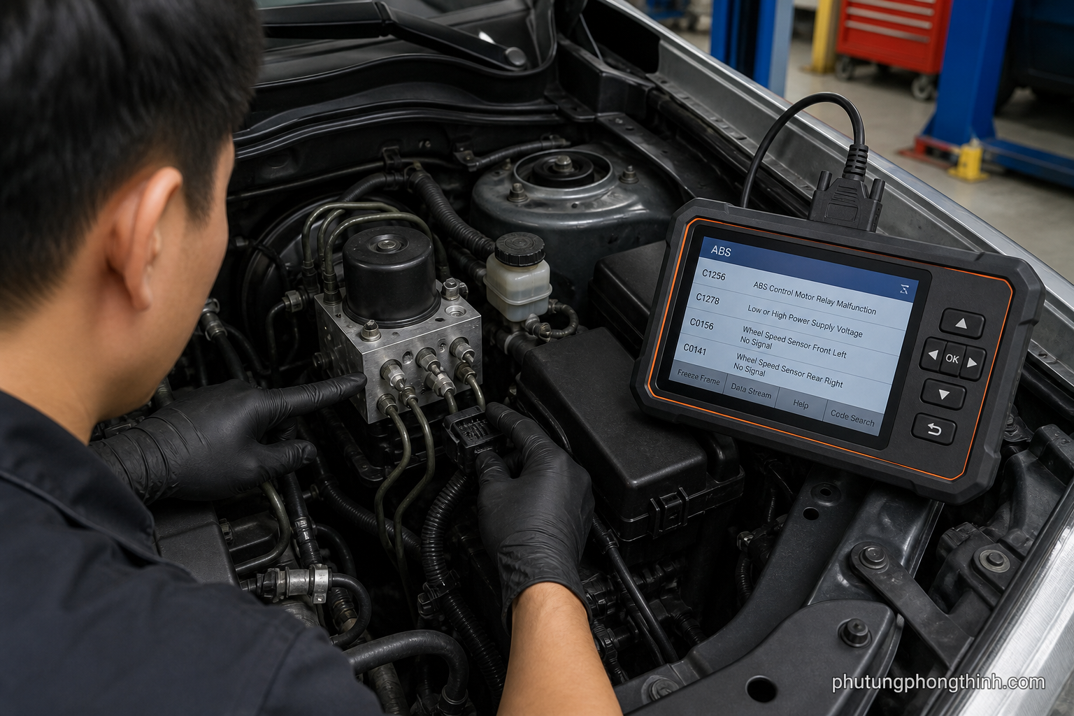 Kỹ thuật vi&ecirc;n kiểm tra cụm điều khiển thủy lực ABS v&agrave; c&aacute;c đường ống phanh trong khoang động cơ