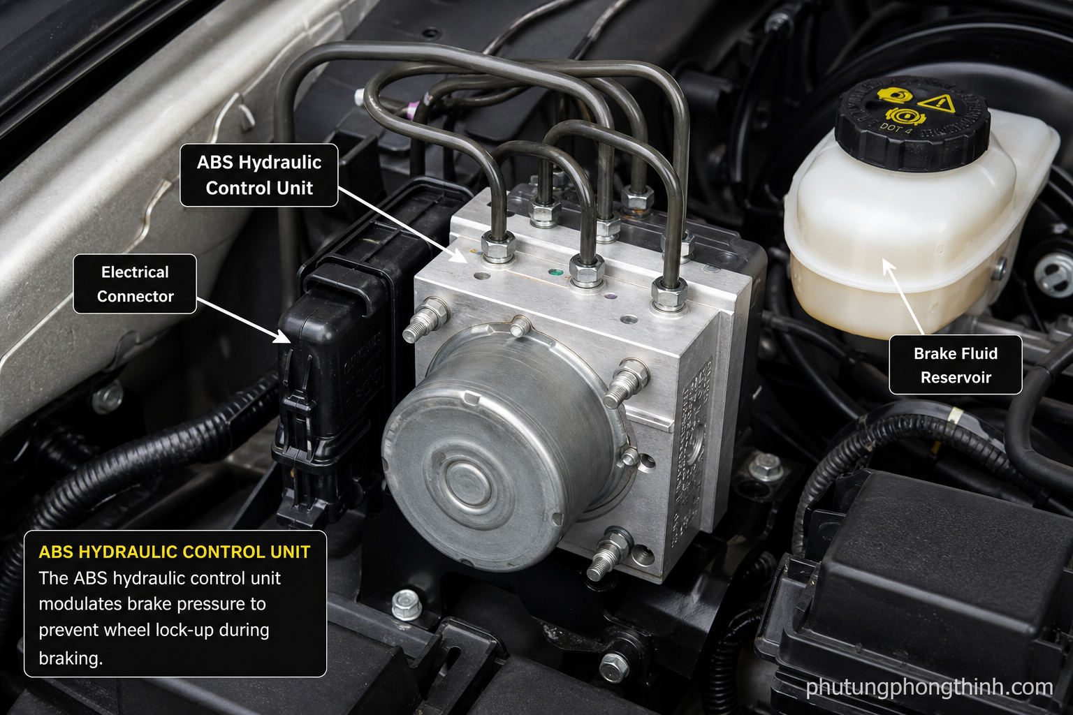 Unidad de control hidráulico del ABS montada en el vano motor con las tuberías de freno conectadas