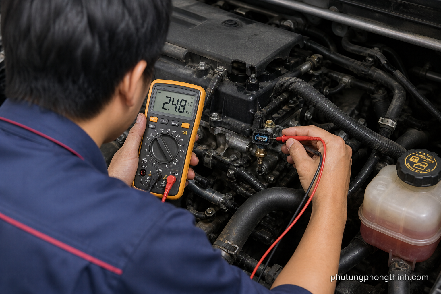 Kỹ thuật viên đo back-probe giắc cảm biến ECT bằng đồng hồ vạn năng