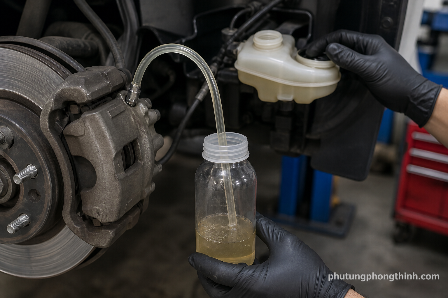 Montaje para purgar frenos con manguera transparente y botella de líquido para lograr un pedal firme