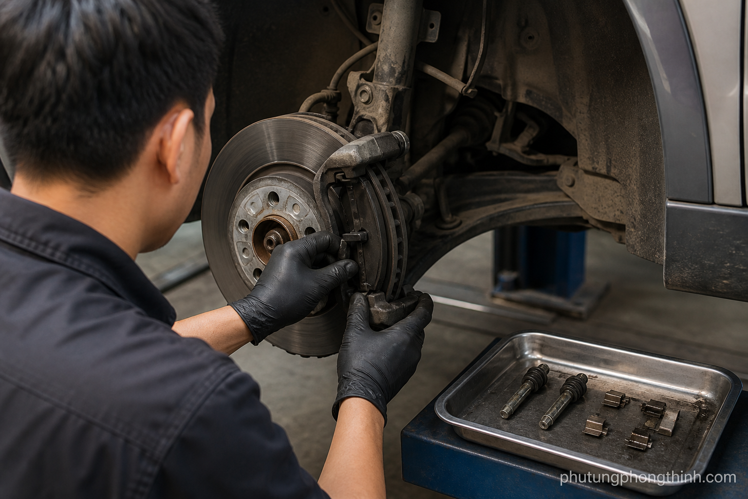 Thợ m&aacute;y kiểm tra gi&aacute; đỡ c&ugrave;m phanh v&agrave; chốt trượt trong qu&aacute; tr&igrave;nh bảo dưỡng phanh