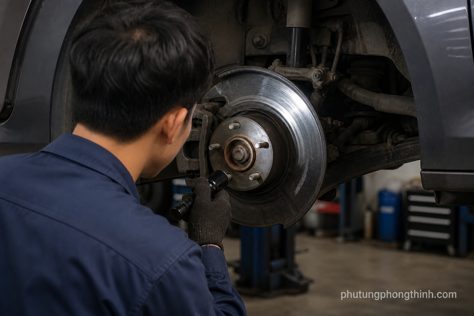 Kỹ thuật vi&ecirc;n kiểm tra c&aacute;c vết m&agrave;i s&aacute;ng tr&ecirc;n tấm chắn bụi phanh ph&iacute;a sau b&aacute;nh xe