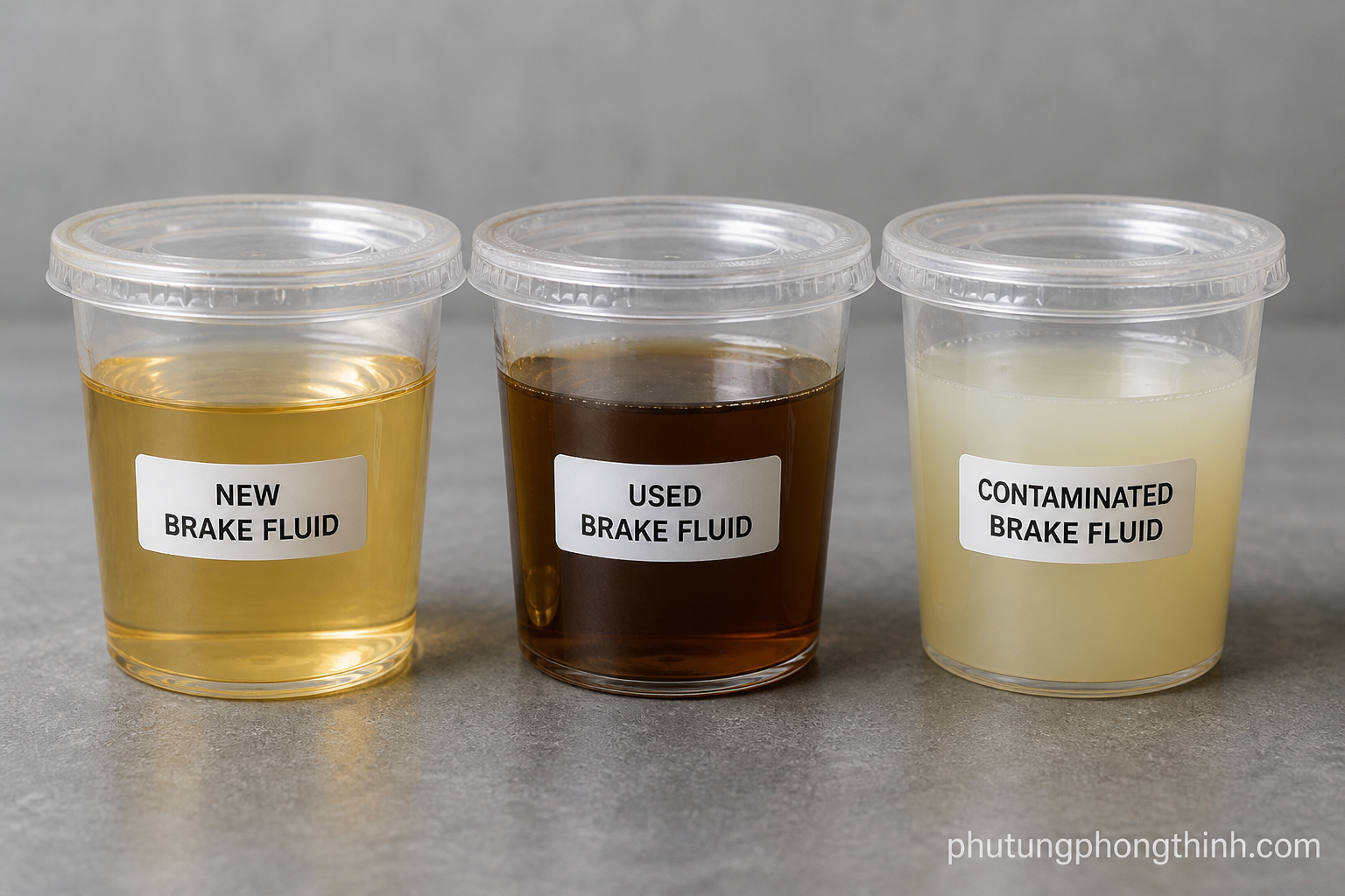 Comparación visual de muestras de líquido de frenos transparente ámbar, marrón oscuro y turbio