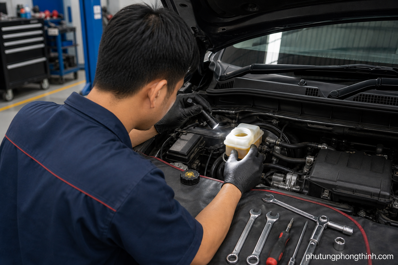 Kỹ thuật viên kiểm tra bình chứa dầu phanh và khu vực xung quanh để tìm rò rỉ