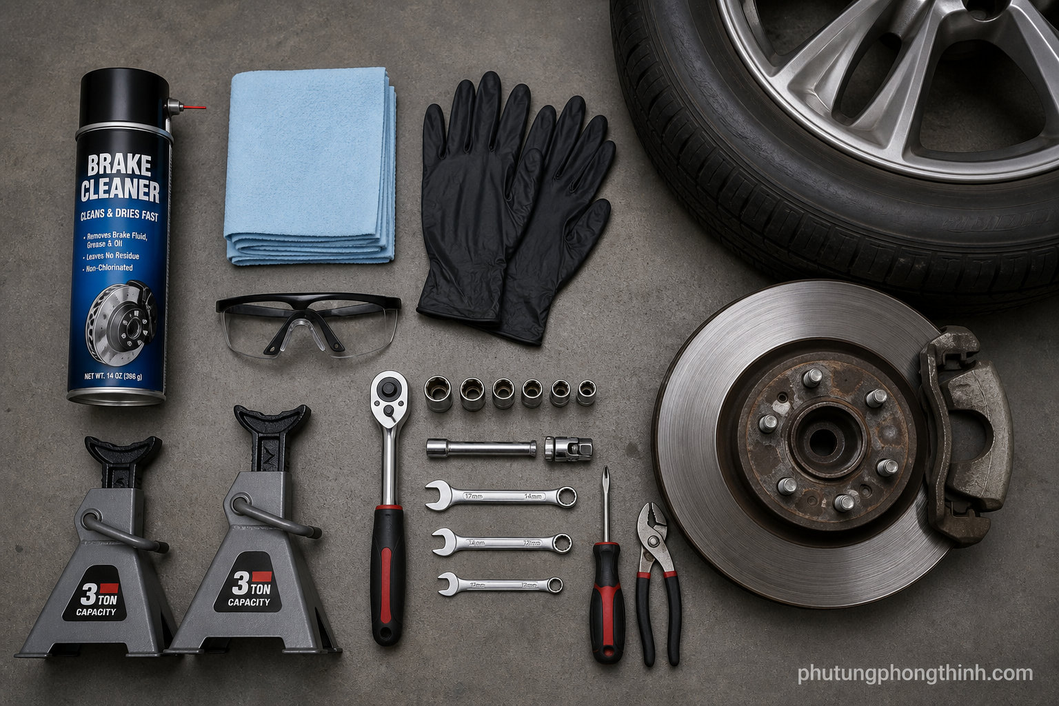 Limpiador de frenos, pa&ntilde;o sin pelusa, guantes y herramientas manuales preparados para limpiar un disco
