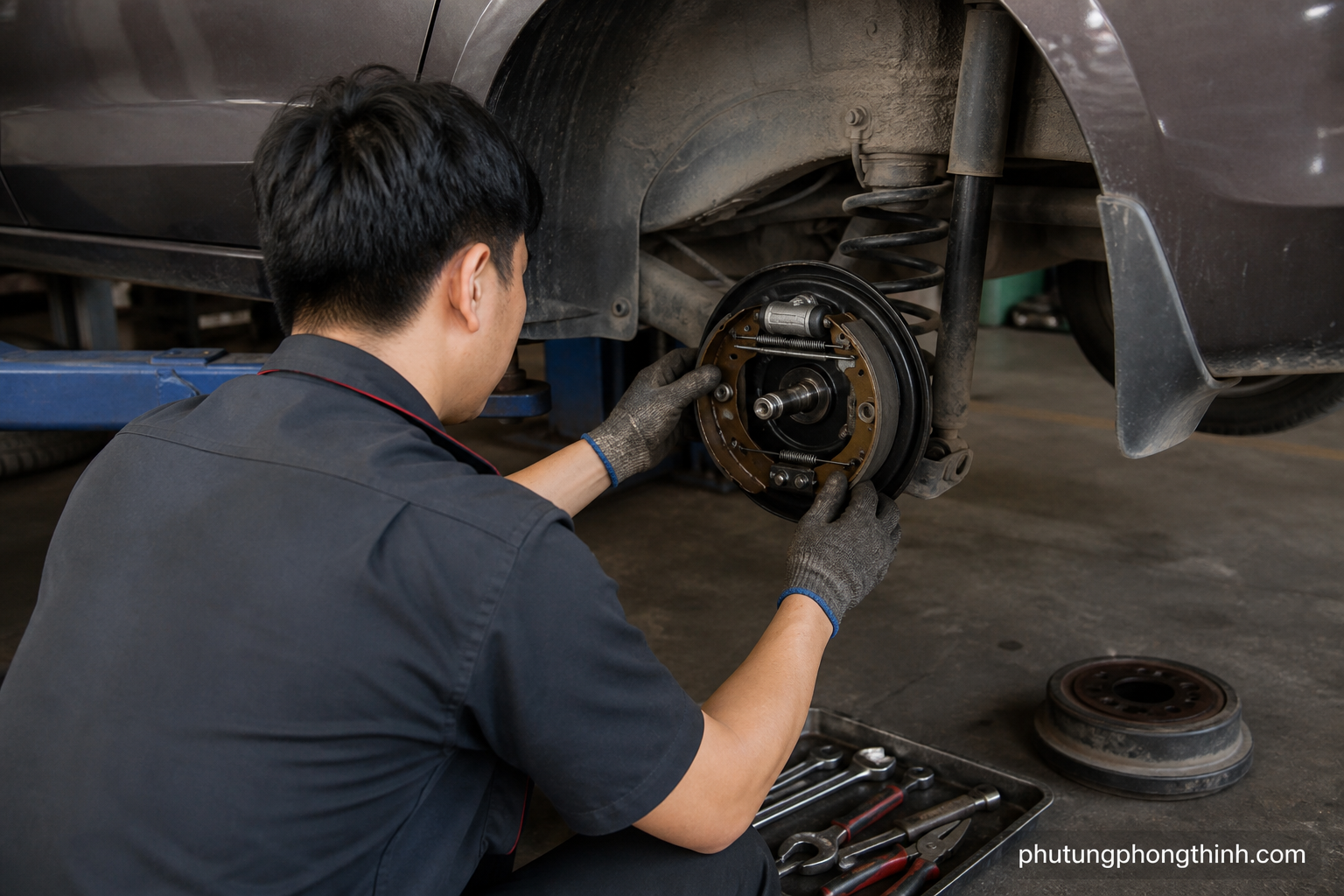 Kỹ thuật viên kiểm tra phanh tang trống sau khi đã tháo trống phanh