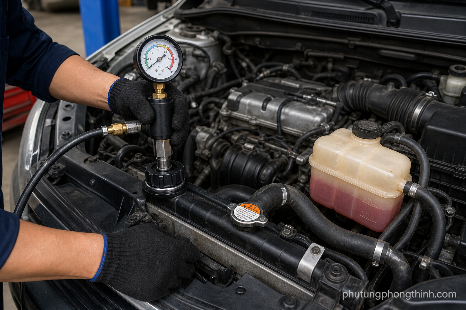 Mecánico revisando el sistema de refrigeración de un coche con una herramienta de prueba de presión cerca del radiador y el depósito de refrigerante