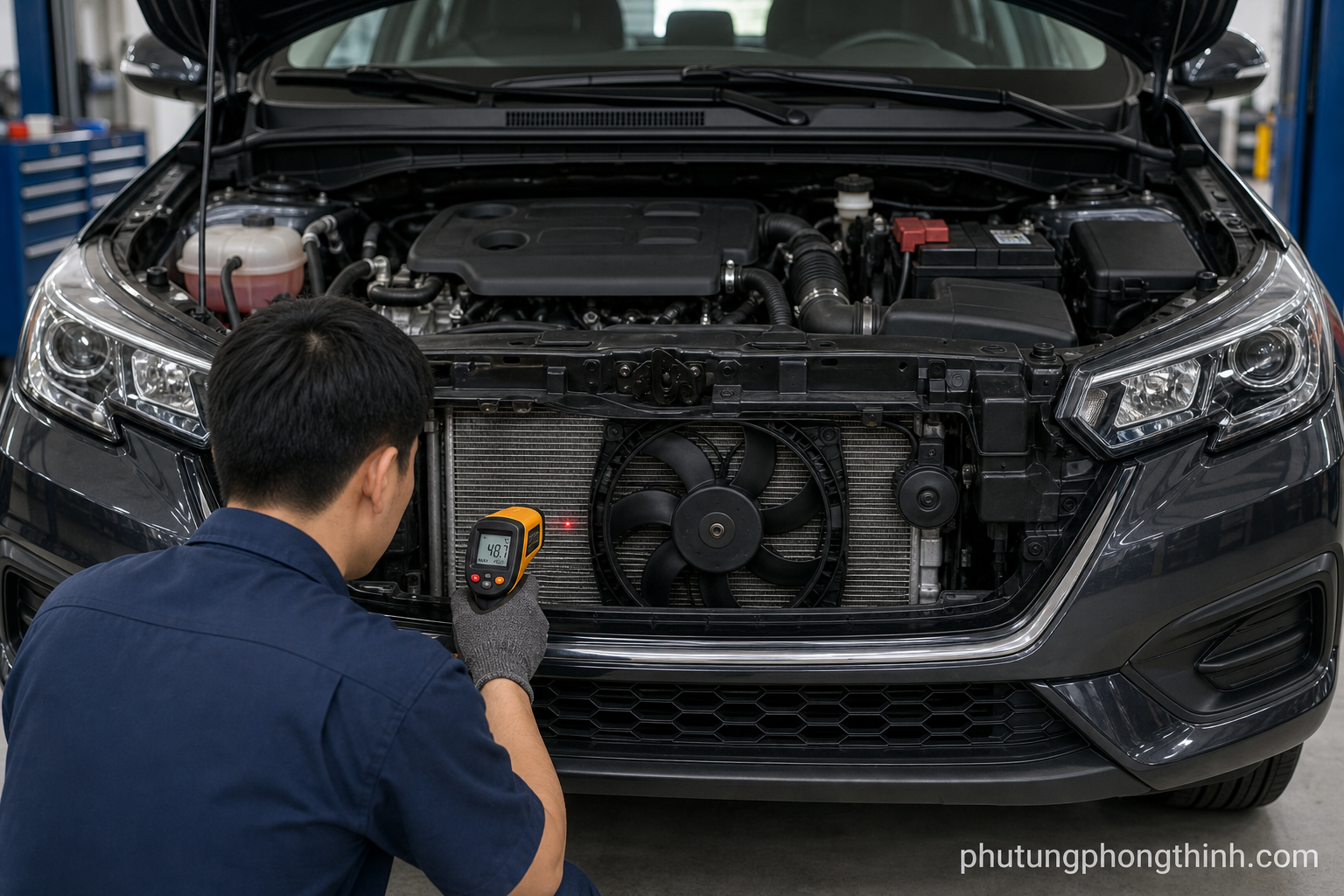 Kỹ thuật viên kiểm tra quạt két nước và các điểm nhiệt trên két nước bằng dụng cụ