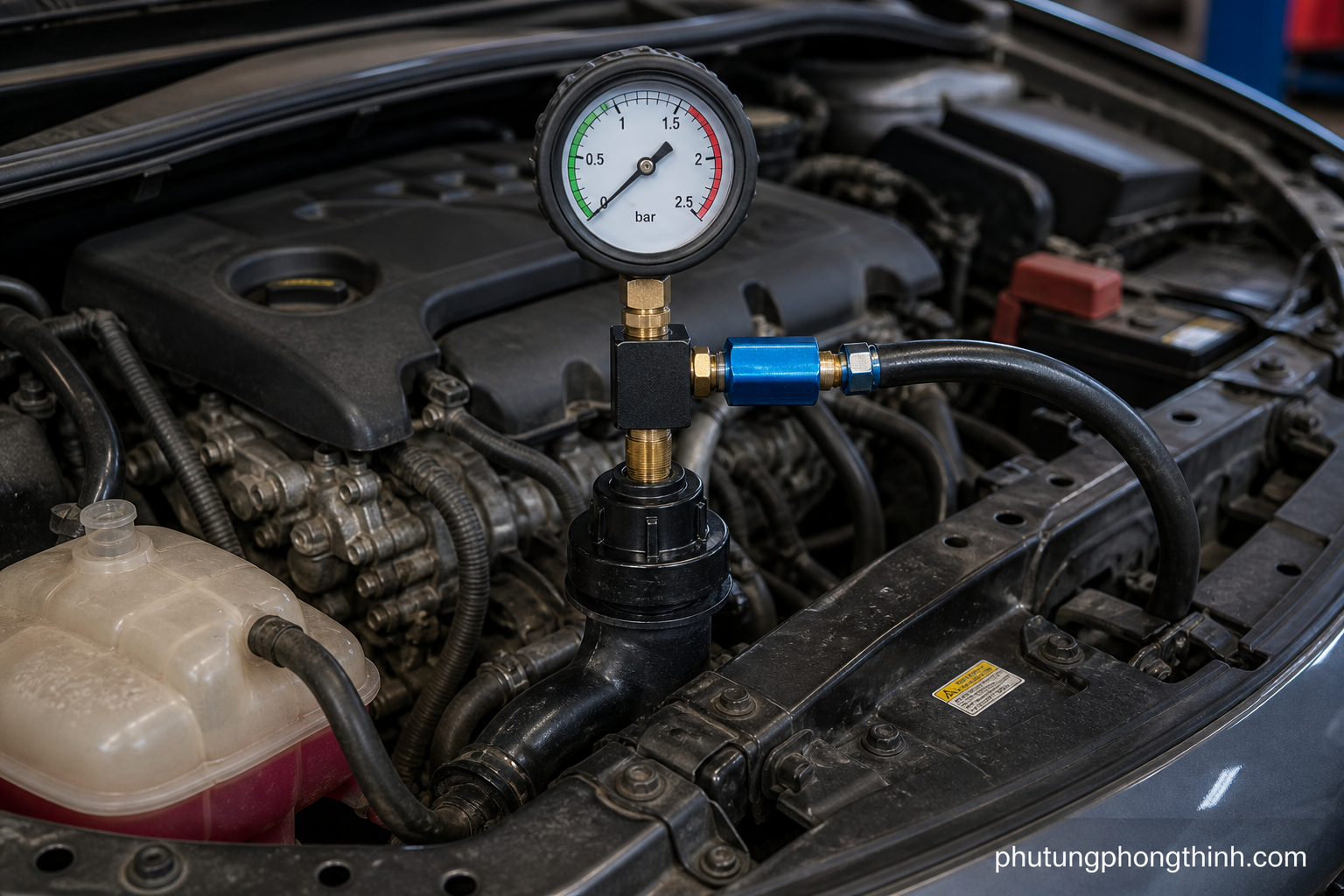 Đồng hồ test áp suất hệ thống làm mát được gắn trong khoang động cơ để chẩn đoán rò rỉ