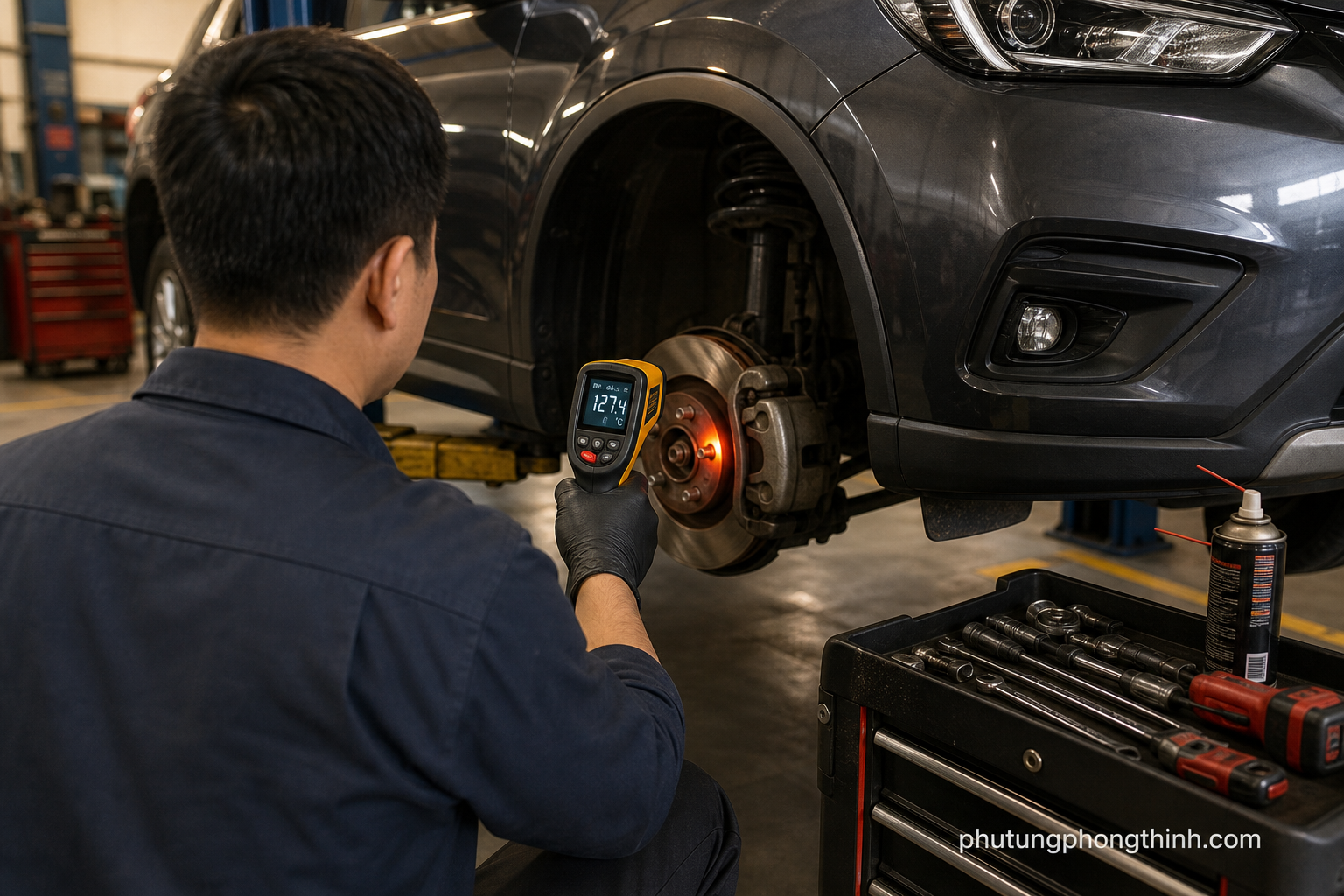 Thợ m&aacute;y d&ugrave;ng nhiệt kế hồng ngoại để so s&aacute;nh nhiệt độ c&aacute;c b&aacute;nh xe khi kiểm tra phanh bị r&agrave;