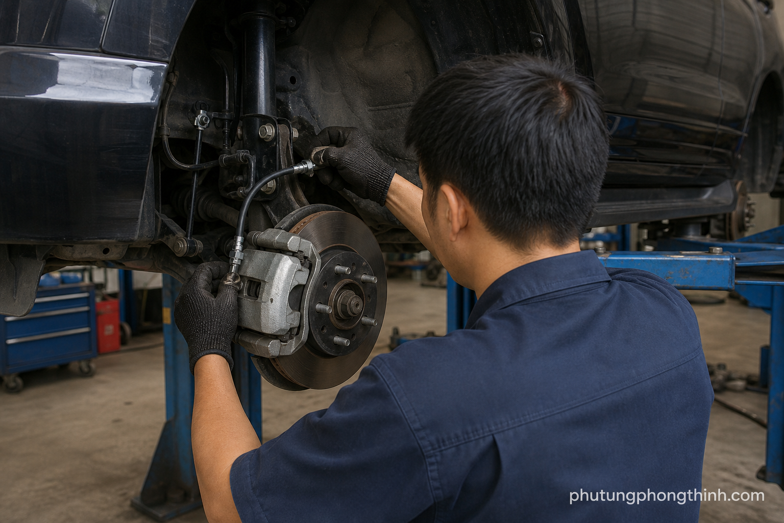 Mecánico instalando un latiguillo flexible de freno nuevo en el paso de rueda