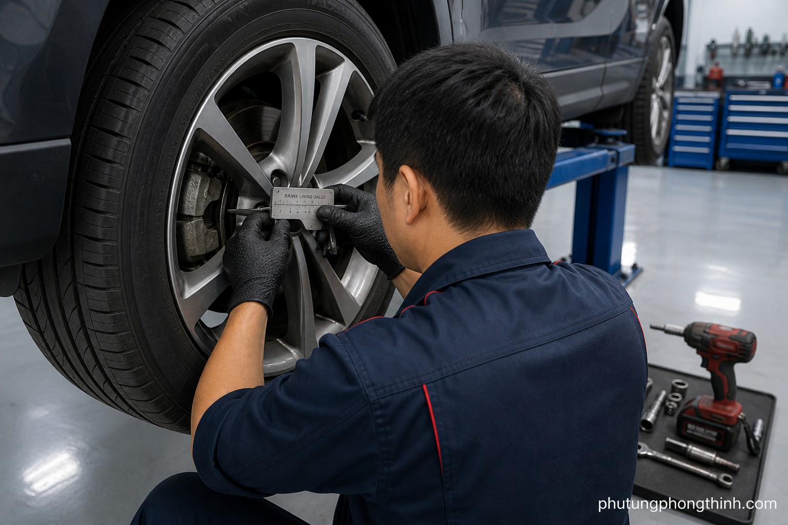 Thợ kỹ thuật đang đo độ dày má phanh bằng thước đo bố phanh