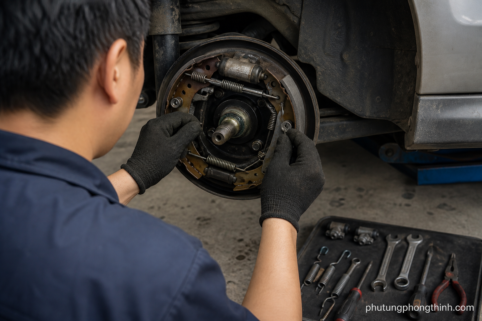 Thợ máy đang lắp bộ chi tiết phanh sau lên mâm phanh tang trống