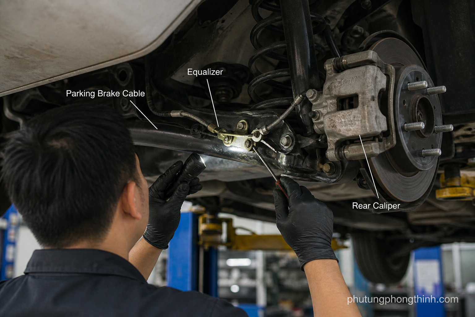 Kỹ thuật vi&ecirc;n kiểm tra c&aacute;p phanh tay v&agrave; c&aacute;c bộ phận phanh sau