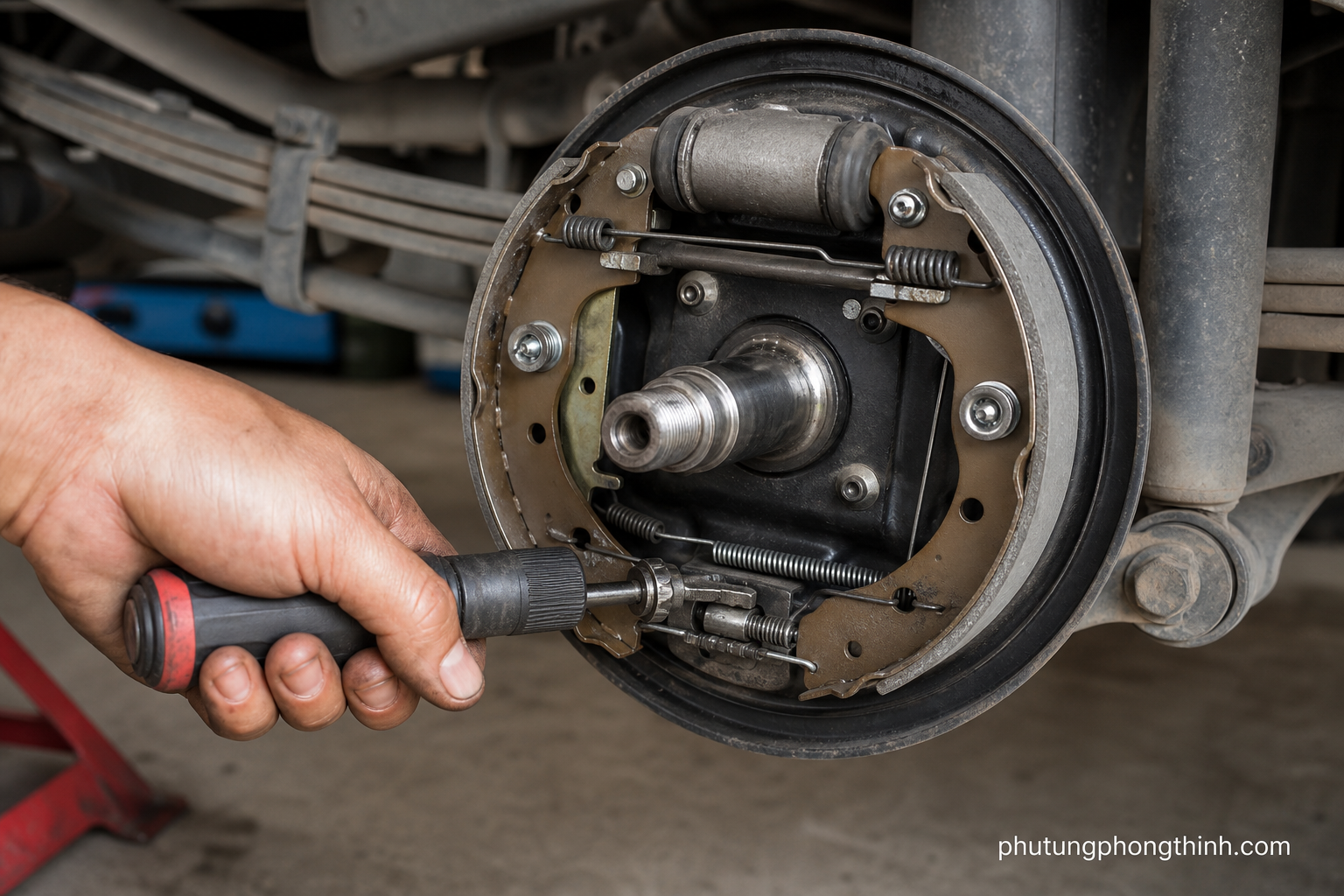 Tăng đơ star wheel của phanh tang trống sau đang được chỉnh ở bước cuối