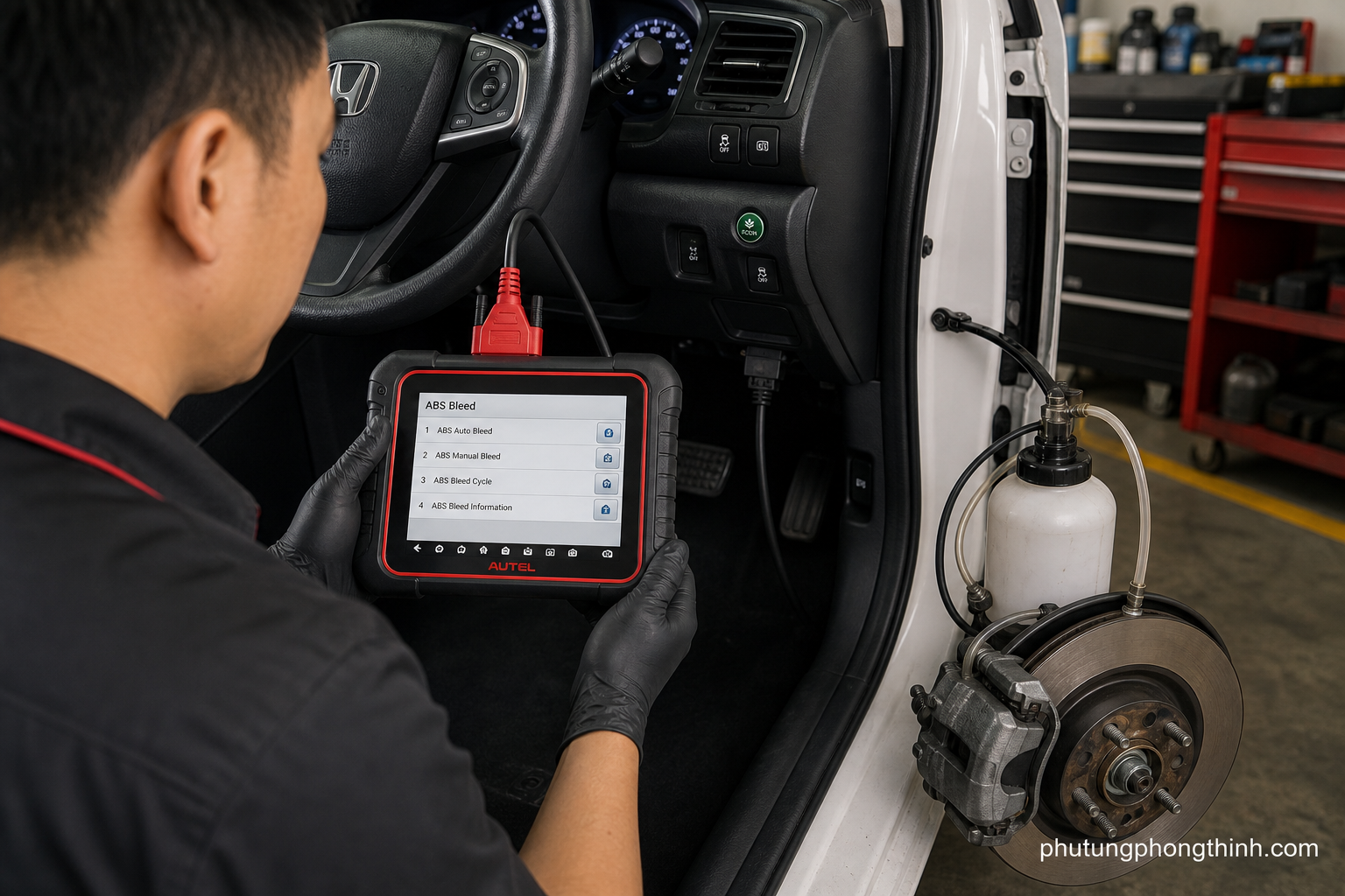 Esc&aacute;ner utilizado para iniciar un procedimiento autom&aacute;tico de purgado del ABS