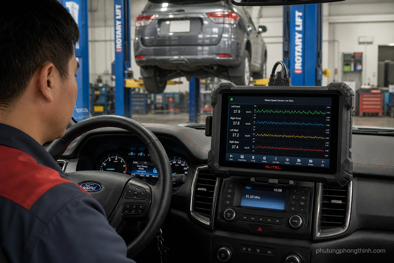 Outil de diagnostic affichant les données en direct de vitesse de roue après une réparation du câblage