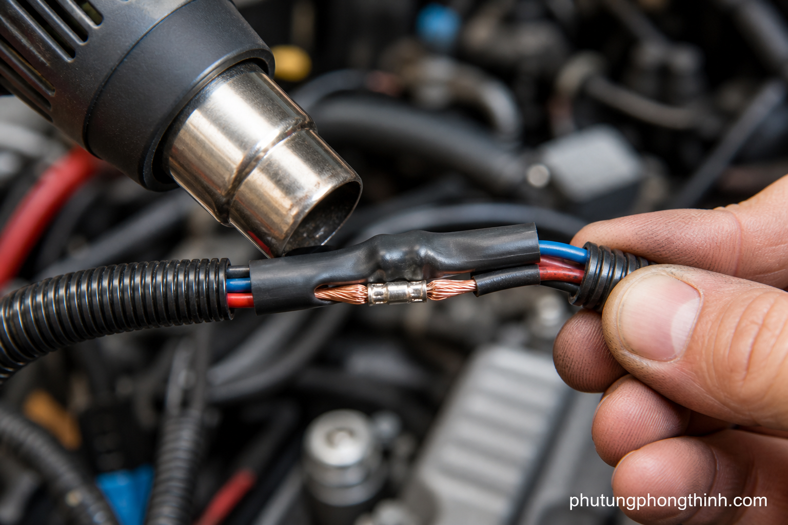 Épissure de fil étanche scellée avec une gaine thermorétractable sur un câblage automobile